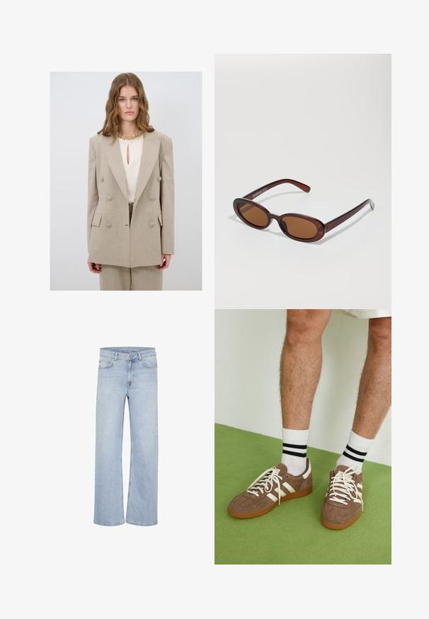 Beige dobbeltradet blazer med store knapper, slagkrave og tilpasset pasform. Båret over en cremefarvet bluse med nøglehulskrave.; Hvid kortærmet t-shirt lavet af bomuld. Har en rund halsudskæring og en afslappet pasform. Glat tekstur uden synlige mønstre eller detaljer.; Lys blå vide bukser lavet af denim. Har bæltestropper, fem-lommer design og syede detaljer langs sømmene.; Brune ruskind sneakers med hvide detaljer og snørebånd. Gummisål i naturgummi. Båret med hvide sokker med sorte striber. Grøn struktureret gulv.; Runde, bruntonede solbriller med en glansfuld bordeauxramme. Slanke arme med diskret brandingdetalje. Flad linsedesign.; DRAGON DIFFUSION MINI FLAT GORA - Håndtasker - dark brown