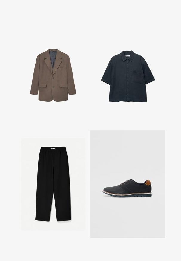 Brown checkered blazer with notched lapels, two front pockets, single button closure, and a gray lining. Textured fabric with a tailored fit.; Dark blue short-sleeve button-up shirt made of lightweight fabric, featuring a chest pocket and a classic collar design.; Black, wide-leg pants made from a lightweight fabric. Features an elastic waistband and a smooth texture. No visible patterns or hardware.; Black synthetic shoes with a textured upper, smooth accents, brown heel, and a contrasting sole. Features minimal lacing and stitch details.