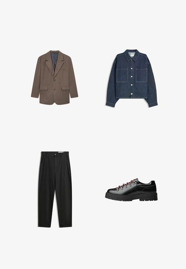 Hnědý kostkovaný blazer s klopami, dvěma předními kapsami, zapínáním na jeden knoflík a šedou podšívkou. Texturovaná tkanina s upraveným střihem.; Tmavě modrá džínová zkrácená bunda s špičatým límcem, dvěma předními kapsami a stříbrným zapínáním na knoflíky. Obsahuje viditelné detaily šití.; Černé bavlněné kalhoty s uvolněným střihem, klasickým pasem, předními záhyby a bočními kapsami. Hladká textura bez vzorů.; Černá kožená turistická bota s červenými a bílými tkaničkami, velkými očky a silnou podešví se vzorkem pro lepší přilnavost a stabilitu.