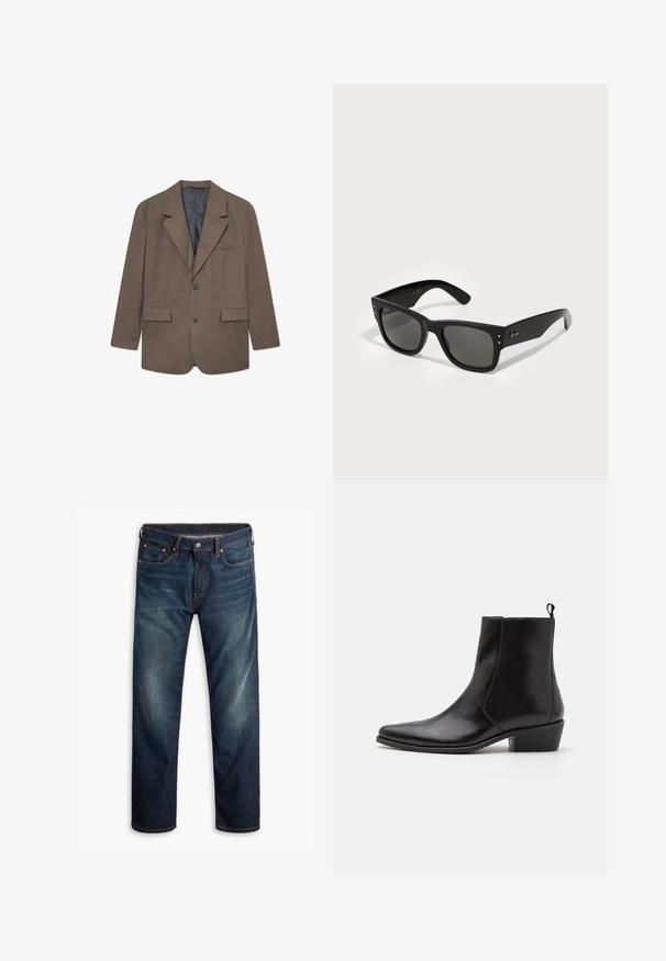 Braunes kariertes Blazerjackett mit Reverskragen, zwei Fronttaschen, einem Knopfverschluss und einem grauen Futter. Strukturierter Stoff mit taillierter Passform.; AllSaints BRACE CREW - T-Shirt basic - CARTER GREY; Dunkelblaue Jeans aus Denim mit leichtem Verblassen an den Oberschenkeln, Fünf-Taschen-Design, Knopfverschluss und sichtbaren orangen Nähten auf weißem Hintergrund.; Zign LEATHER - Cowboy-/Bikerstiefelette - black; Schwarze Sonnenbrille mit quadratischem Rahmen, ausgestattet mit dunklen Gläsern. Akzentuiert mit kleinen goldfarbenen Punkten und einem goldenen Logo an den Bügeln. Weiße Oberfläche.