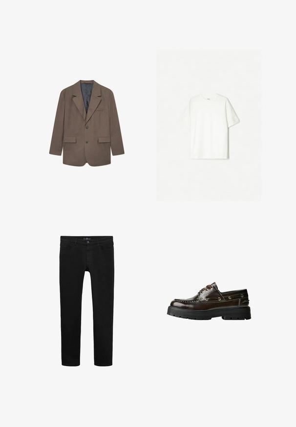 Brun rutigt kavaj med slag, två framfickor, enkel knappstängning och grå foder. Texturerad tyg med skräddarsydd passform.; Vit kortärmad t-shirt i mjuk bomull. Rundhalsdesign med avslappnad passform och inga synliga logotyper eller mönster.; Svarta denimjeans med slim fit-design, med knappknäppning fram, femfickorsstil och en jämn textur genomgående.; Brun läderskon i båtmodell med gummisula, prydd med stickningsdetaljer, metallöglor och snörningsdesign. Kraftig och lätt konstruktion.