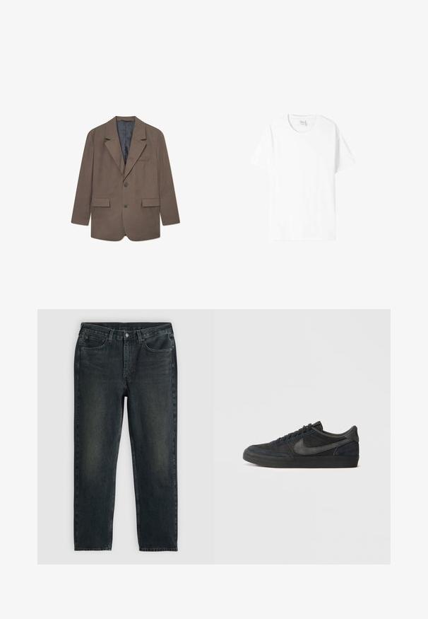 Braunes kariertes Blazerjackett mit Reverskragen, zwei Fronttaschen, einem Knopfverschluss und einem grauen Futter. Strukturierter Stoff mit taillierter Passform.; Weißes Baumwoll-T-Shirt mit kurzen Ärmeln, Rundhalsausschnitt und lockerer Passform. Glatte Textur, keine Muster oder Grafiken, minimale Markenkennzeichnung am Etikett.; Dunkelblaue Jeans aus Denim mit geradem Bein, fünf Taschen, Reißverschluss und kontrastierenden Nähten. Dezente Ausbleichungen im Stoff.; Schwarze Wildledersneaker mit niedrigem Profil, Gummilaufsohle, strukturierten Seitenpaneelen und passendem Nike Swoosh-Logo. Durchgängige Schnürung, gepolsterter Kragen.