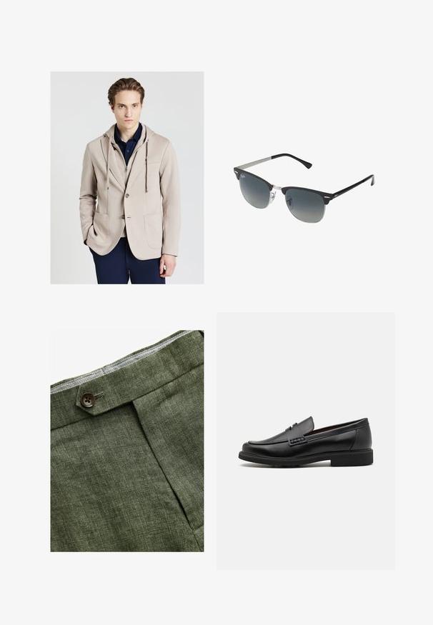 Calliope CON CAPPUCCIO - Giacca - beige scuro; Camicia azzurra a maniche lunghe con colletto classico, orlo dritto e una trama sottile. Presenta una chiusura centrale con bottoni.; Pantaloni in lino verde oliva con piega frontale, dotati di chiusura con bottone e una fodera a quadretti a contrasto nella cintura.; Mocassini sintetici neri con una spessa cucitura frontale, soletta imbottita e suola piatta in gomma; design elegante con dettagli minimi.; Occhiali da sole neri e argento con forma a occhio di gatto, lenti sfumate e dettagli metallici sulla montatura. Aste in plastica con punte grigie.