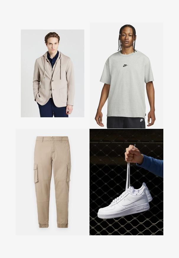 Calliope CON CAPPUCCIO - Sakko - beige scuro; Junge Person mit geflochtenem Haar, die ein hellgraues Nike-T-Shirt und schwarze Nike-Shorts trägt, vor einem einfarbigen weißen Hintergrund.; Beige Cargo-Hosen aus leichtem Baumwollmaterial. Mit elastischen Bündchen, mehreren Seitentaschen und einem Knopfverschluss.; Weiße Leder-Sneaker mit Perforationen, runder Zehenpartie, flacher Sohle und dicken Schnürsenkeln, mit sichtbar eingesticktem Swoosh-Logo und "AIR" an der Ferse.