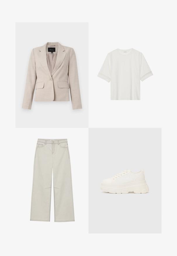 Bežinė, pritaikyta švarkas su vieno mygtuko uždarymu, dviem priekinėmis kišenėmis ir tekstūruota medžiagos apdaila. Padedamas vidus.; Balta trumpomis rankovėmis marškinėliai, pagaminti iš medvilnės, su dekoratyviais nėriniais aplink rankoves ir apvaliu kaklu.; Šviesiai pilkos plačios kelnės su penkiomis kišenėmis, priekyje užsegamos mygtuku ir su kontrastine siūle palei siūles. Audinys atrodo minkštas ir patvarus.; Balti drobės sportbačiai su storu padu, apvalia nosimi ir penkiomis akytėmis raištams. Gale yra kilputė, kad būtų lengva užsidėti. Sklandus paviršius, minimalistinis dizainas.