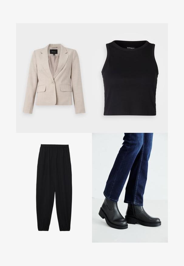 Beige, tailored blazer with a single button closure, two front pockets, and a textured fabric finish. Lined interior.; Black ribbed crop tank top with a round neckline and sleeveless design. Made from soft, stretchy fabric, featuring clean hemmed edges.; Black, lightweight pants with an elastic waistband and gathered ankles. The fabric is smooth and features a relaxed, tapered design.; Black leather ankle boots with a chunky sole and side elastic panels, paired with dark blue jeans. The ground is light-colored.
