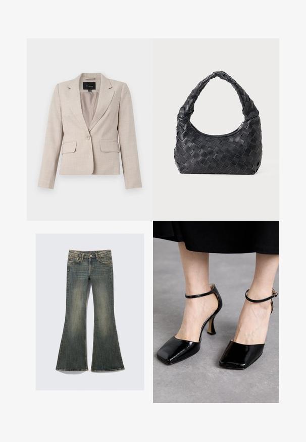 béžový, strihaný blazer s jedným gombíkom, dvoma prednými vreckami a štruktúrovanou textilnou povrchovou úpravou. Podšívkový interiér.; Biela blúzka s dlhým rukávom, širokým výstrihom a zhromaždenými detailmi na zadnej strane. Hladká textúra, priliehavý strih.; Rozšírené denimové džínsy v bledomodrej farbe s klasickým dizajnom piatich vreciek, s jemnou textúrou a viditeľnými švovými akcentmi.; Souliers Martinez LAURA - Obuv na vysokom opätku - lajara cybil black; Čierna kožená pletená ramenná taška s okrúhlou rukoväťou a telom v tvare polmesiaca na jednofarebnom pozadí.