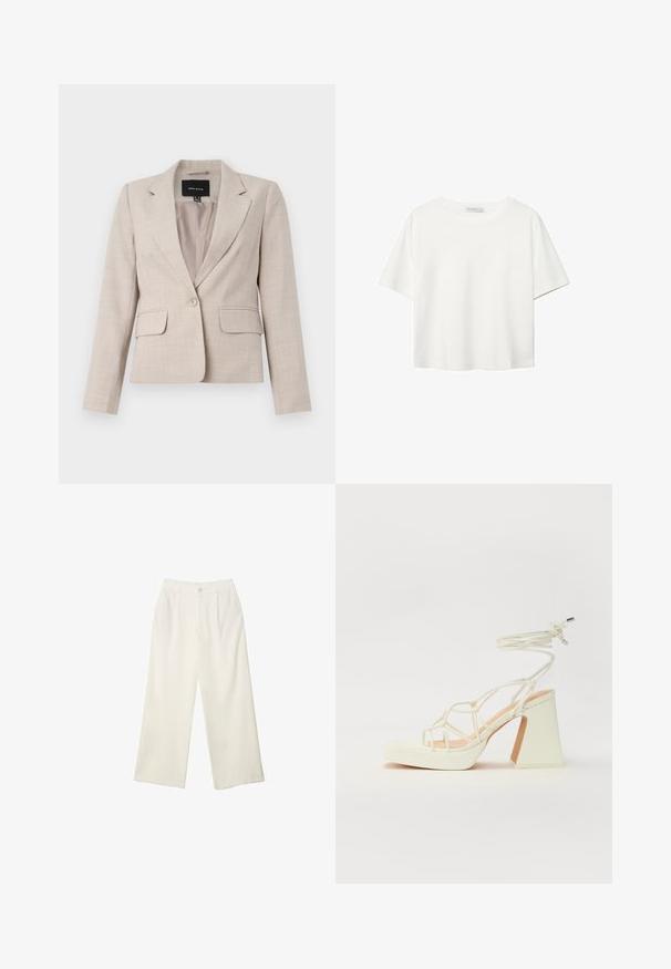 Bež blazer, krojen na telo, z enim gumbom, dvema sprednjima žepoma in teksturiranim zaključkom tkanine. Podložena notranjost.; Bela kratka majica s kratkimi rokavi iz bombaža. Ima okroglo izrezovanje in sproščen kroj. Gladka tekstura brez vidnih vzorcev ali poudarkov.; Hlače širokih nogavic iz kremaste tkanine z gladko teksturo, z enim sprednjim gumbom, diskretnimi plisami in visokim pasom.; Bela sandala na visokih petah s debelim petam, ki ima obliko trakcev in vezanje okoli gležnja. Gladka tekstura z platformo spredaj za dodatno višino.