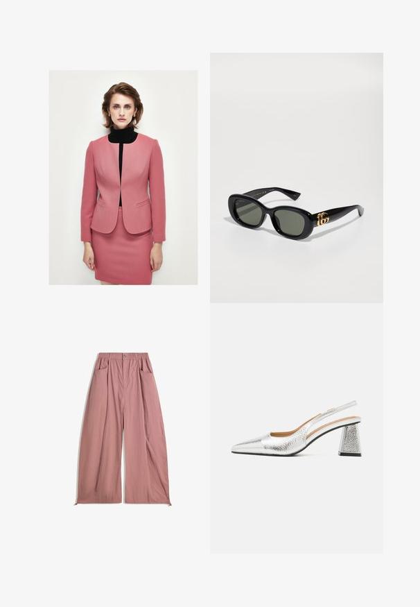 Vaaleanpunainen mittatilaustyönä valmistettu bleiseri, jossa on pyöreä kaulus, kaksi etutaskua ja istuva muotoilu, yhdistettynä samasta kangasta valmistettuun lyhytiloiseen hameeseen. Musta poolopaita sen alla.; Valkoinen pitkähiha pliseepaidan, joka on valmistettu sileästä ja joustavasta kankaasta. Ominaisuudet tiukka istuvuus ja korkea kaulus. Ei näkyviä kuvioita tai koristeita.; Vapaat, korkeavyötäröiset housut pehmeästä ruusunpunaisesta kankaasta. Sisältää joustavyötärön, kaksi sivutaskua ja sileän, teksturoidun pinnan.; Hopeapintaiset slingback-kengät, joissa on teräväkärkinen muotoilu, tekstuurinen metallipinta ja kolmiomukoinen korko. Sisäosa sisältää ruskeita nahkayksityiskohtia.; Mustat muoviset aurinkolasit, joissa on vihreät linssit, ovaalin muotoiset ja kultaiset logot yksityiskohdat temppeleissä. Sileä pinta ja kiiltävä viimeistely.