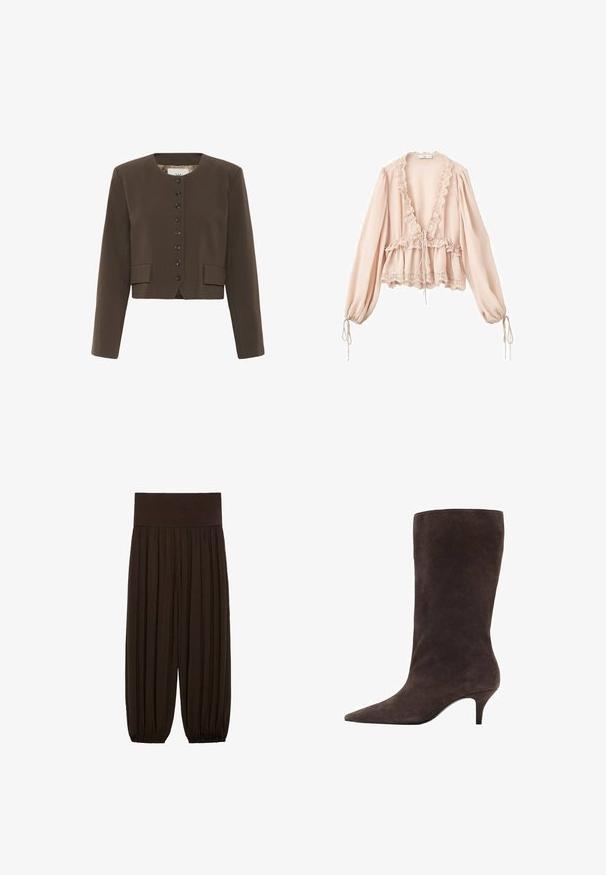 Bruine cropped blazer met een ronde halslijn, sluiting met zes knopen en twee voorkwasten. Gemaakt van een gestructureerde stof met een gladde voering.; Blauwroze blouse met lange mouwen, ruches bij de hals, een trekkoord in de taille en kanten rand bij de manchetten en zoom. Lichtgewicht, gestructureerde stof.; Bruine geplooide broek met een brede, elastische tailleband. De stof is lichtgewicht en gestructureerd, met gatherse randen bij de boorden.; Bruine suède kniehoogte laars met een spitse neus en een mid-hoge hak, met een gladde textuur en een slank ontwerp.