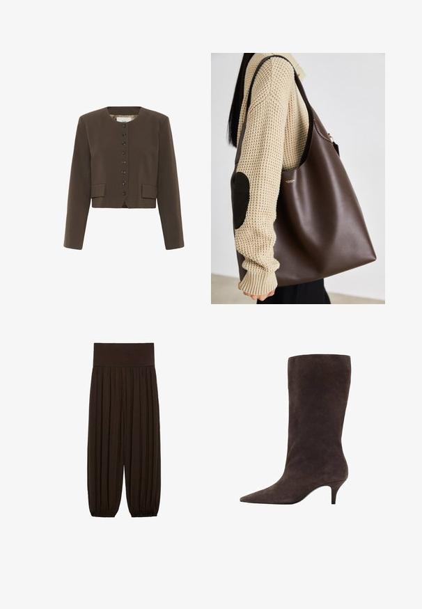 Brązowa krótka marynarka z okrągłym dekoltem, zapinana na sześć guzików, z dwiema przednimi kieszeniami. Wykonana z teksturowanej tkaniny z gładką podszewką.; Bluzka w odcieniu różowego rumieńca z długimi rękawami, falbaniastym dekoltem, ściągaczem w talii oraz koronkowym wykończeniem przy mankietach i u dołu. Lekka, teksturowana tkanina.; Brązowe spodnie z plisami i szerokim, elastycznym pasem. Materiał jest lekki i teksturowany, z marszczonymi wykończeniami u dołów.; Brązowy zamszowy botek do kolan z wysmukłym noskiem i średnim obcasem, charakteryzujący się gładką teksturą i eleganckim wzornictwem.; Brązowa skórzana torba typu tote o pojemnym designie. Charakteryzuje się gładką fakturą i subtelnym złotym logo. Połączona z kremowym swetrem z dzianiny.