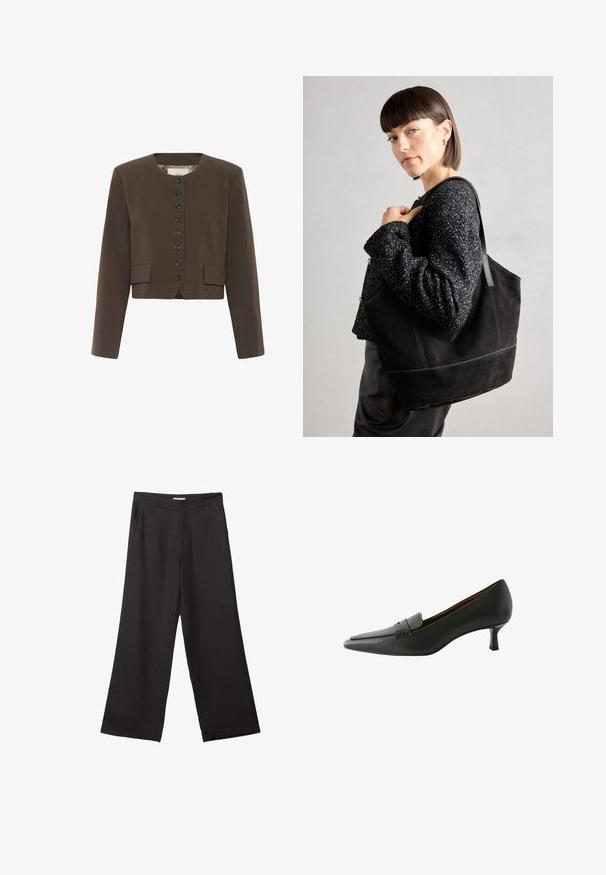 Hnedý skrátený blazer s okrúhlym výstrihom, so šesťtlačidlovým zapínaním a dvoma prednými vreckami. Vyrobený z textúrovanej látky s hladkou podšívkou.; Svetlo béžový top s dlhým rukávom z mäkkej tkaniny, s okrúhlym výstrihom a voľným strihom, rovný lem a s minimálnymi detailmi šitia.; Čierne široké nohavice vyrobené z hladkej tkaniny, so zipsom vpredu a dvoma bočnými vreckami, s prispôsobeným strihom a minimalistickým dizajnom.; Čierna kožená heeled topánka s špicatou špičkou a dekoračným pásikom. Obsahuje nízky stiletto podpätok a hladký povrch.; Čierna semišová taška so hladkou textúrou, štruktúrovaným tvarom a kontrastným šitím. Obsahuje dlhé popruhy na nosenie na ramene.