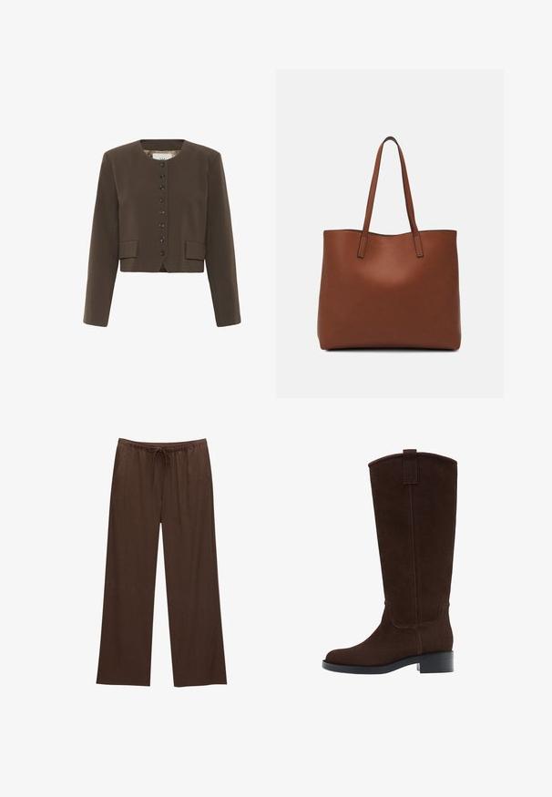 Smeđi skraćeni blejzer s okruglim izrezom, zatvaranjem na šest dugmadi i dva prednja džepa. Napravljen od teksturirane tkanine s glatkom podlogom.; Smeđi rebrasti top kratkih rukava s lagano zakrivljenim rubom. Mekana tekstura i opušteni kroj, s okruglim izrezom i minimalnim šavovima.; Smeđe široke hlače izrađene od mekanog materijala, s elastikom u struku i vezicom te dva bočna džepa.; Smeđe antilop čizme do koljena s okruglim prstom, suptilnim šavovima i niskom blok petom; imaju petlju na vrhu za lako obuvanje.; Smeđa kožna torba preko ramena s glatkom teksturom, otvorenim vrhom i dvjema naramenicama. Ima minimalne šavove i nema vidljivog hardvera.