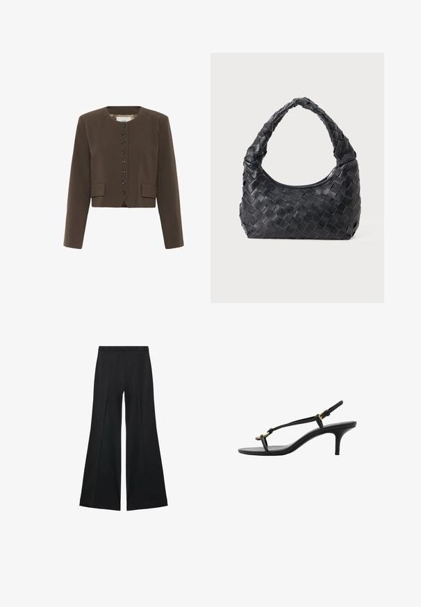 Hnedý skrátený blazer s okrúhlym výstrihom, so šesťtlačidlovým zapínaním a dvoma prednými vreckami. Vyrobený z textúrovanej látky s hladkou podšívkou.; Čierna dlhá rukávová košeľa s okrúhlym výstrihom, vyrobená z mäkkej tkaniny, s raglánovými rukávmi a rovnou spodnou hranou.; Čierne široké nohavice s hladkou textúrou, s prednými záhybmi a elegantným strihom. Materiál je ľahký a pruhlý.; Čierne kožené sandále na malom podpätku s tenkými pásikmi, zlatou prackou a minimalistickým prstovým pásikom na bielom pozadí.; Čierna kožená pletená ramenná taška s okrúhlou rukoväťou a telom v tvare polmesiaca na jednofarebnom pozadí.