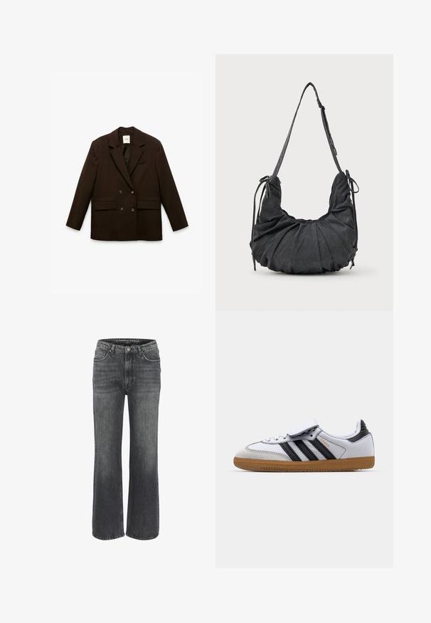 Braune zweireihige Blazer mit Reverskragen, vorderen aufgesetzten Taschen und einer eleganten Textur. Verfügt über zwei Knöpfe und eine dezente Innentasche.; Langarm-Rugbyshirt mit breiten rosa und dunkelburgunderfarbenen horizontalen Streifen, weißem Kragen und "COLOURFUL REBEL"-Logo auf der Brust.; Weite Jeans aus dunkelgrauem Denim mit klassischem Fünf-Taschen-Design, genähten Details und einem Knopfverschluss an der Taille.; Weiße Ledersneaker mit schwarzen Streifen und grauen Akzenten, ausgestattet mit einer runden Zehenpartie und einer Laufsohle aus Gummi. Mit Klettverschluss und Schnürung.; Schwarze, weiche Stoff-Schultertasche mit gerafften Details, verstellbarem Tragegurt und gebundenen Kordeln auf jeder Seite, auf einem weißen Hintergrund präsentiert.