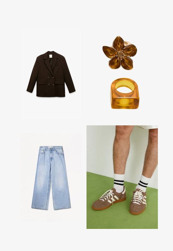 Brązowa marynarka dwurzędowa z klapami o prostokątnym kształcie, przednimi kieszeniami naszytymi i gładką fakturą. Posiada dwa guziki i subtelną wewnętrzną kieszeń.; Brązowa, bezrękawnikowa bluzka z marszczonym dekoltem, regulowanymi ramiączkami, falbaniastymi brzegami oraz luźnym krojem z detalem w postaci sznureczka.; Bershka WIDE jasnoniebieski denim; Brązowe zamszowe sneakersy z białymi akcentami i sznurówkami. Gumowa, brązowa podeszwa. Noszone z białymi skarpetkami w czarne paski. Zielona teksturowana podłoga.; Pierścionek z kwiatem w kolorze bursztynu, charakteryzujący się błyszczącym wykończeniem i okrągłym środkiem, w komplecie z pasującą, kwadratową obrączką z bursztynu.