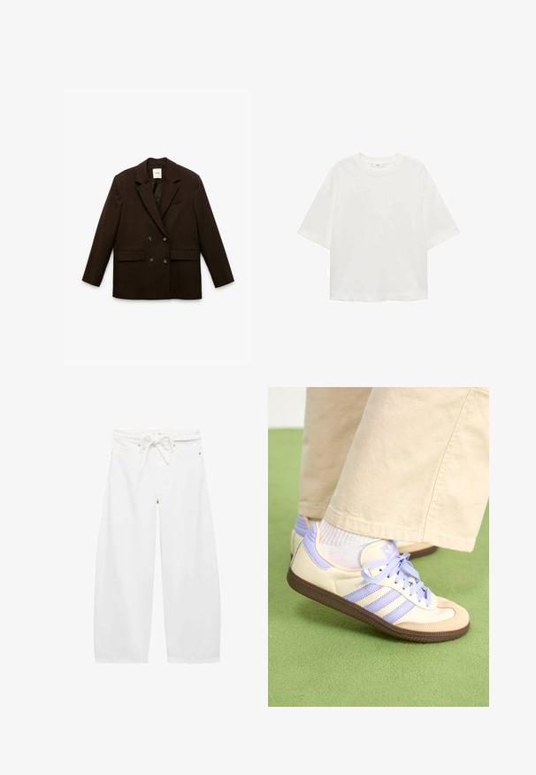 Brown double-breasted blazer with notch lapels, front patch pockets, and a sleek texture. Features two buttons and a subtle inner pocket.; White short-sleeve t-shirt with a round neck, relaxed fit, made of soft fabric. No patterns or accents, featuring a standard hemline.; White wide-leg pants made of lightweight fabric, featuring a drawstring waist, two front pockets, and simple metal hardware accents.; Cream and lavender sneakers with three stripes and a textured brown sole, featuring laces and a padded heel. Soft fabric upper.
