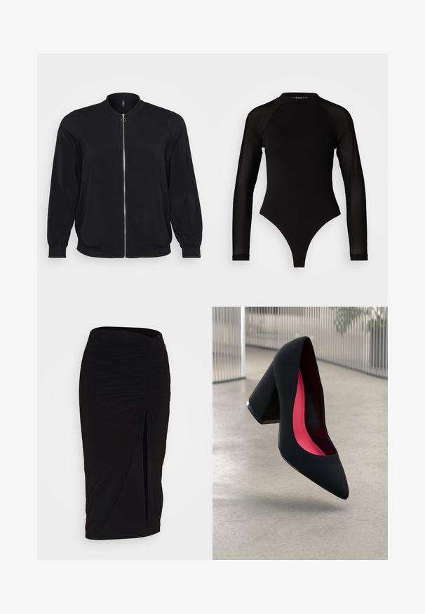 Zwarte bomberjack van gladde stof, voorzien van een rits aan de voorkant en ribgebreide manchetten, met een klassieke ronde halslijn en zijzakken.; Zwart langemouwen bodysuit met hoge hals, met een ondoorzichtige stof op het lichaam en transparante mouwtjes, ontworpen in een fitted model.; Zwarte, gerimpelde kokerrok met strikdetail en een zijsplit. Gemaakt van een rekbaar stof, met een soepele textuur en een aansluitend ontwerp.; Zwarte hoge hak met een spitse neus, textuur op het oppervlak en een opvallend roze interieur. Beschikt over een chunky hak met zilveren accent.