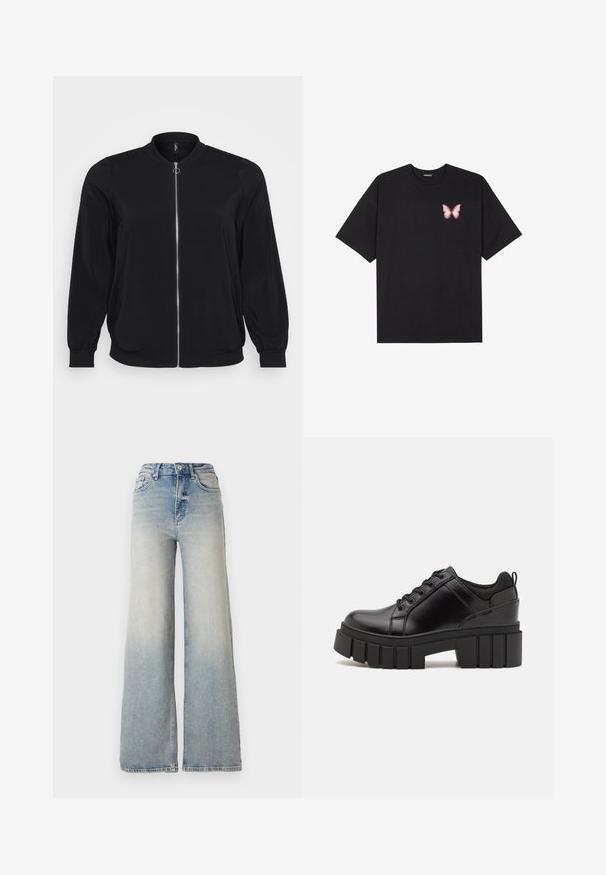 Black bomber jacket made of smooth fabric, featuring a front zipper and ribbed cuffs, with a classic round neckline and side pockets.; Black cotton t-shirt with short sleeves, featuring a small pink butterfly graphic on the left chest. Crew neck design with a relaxed fit.; Light blue wide-leg jeans made of denim, featuring a high waist, five pockets, and visible stitching along the seams.; Black leather platform shoes with a chunky block heel, round toe, and traditional lace-up design. Features smooth texture and minimal detailing.