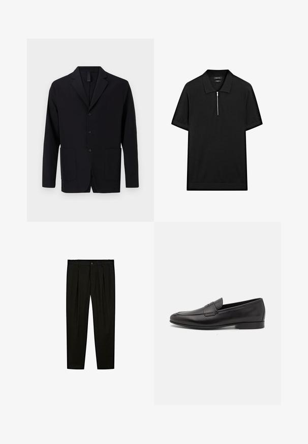 Schwarzer Blazer aus glattem Stoff, mit Reverskragen, drei Knöpfen, zwei vorderen Taschen und einer lässigen Passform.; Schwarzes kurzärmliges Poloshirt mit Stehkragen und einem Reißverschluss vorne. Hergestellt aus einem glatten Stoff mit einem klaren, minimalistischen Design.; Schwarze maßgeschneiderte Hose aus glattem Stoff. Zu den Merkmalen gehören eine flache Vorderseite, weite Beine und ein Knopfverschluss am Taillenbund.; Schwarze Leder-Herrenloafer mit niedrigem Absatz und klassischem Penny-Riemen-Design, seitlich auf einem weißen Hintergrund dargestellt.