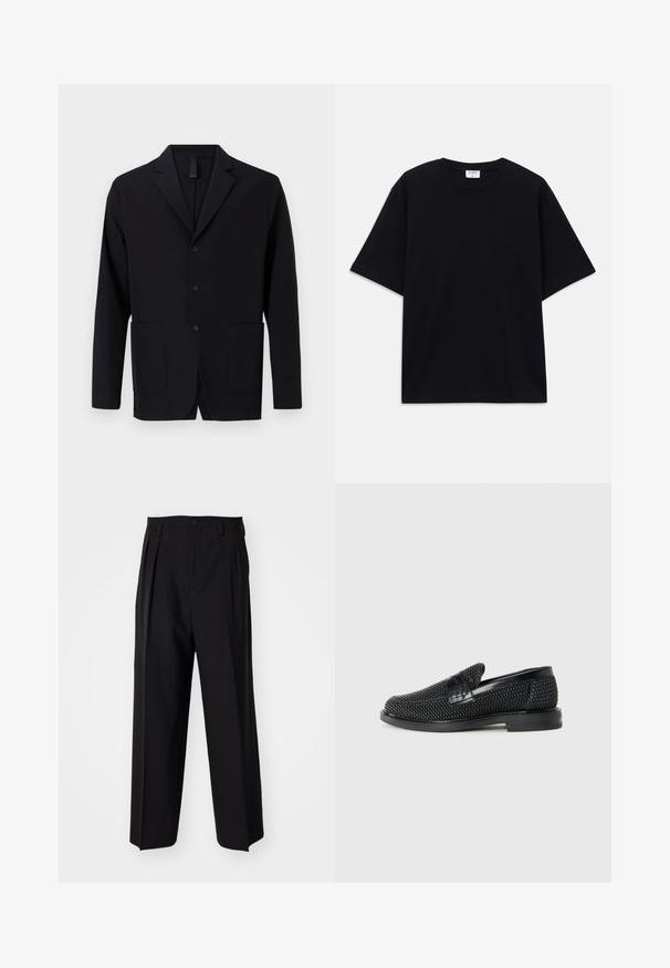 Juodas švarkas, pagamintas iš lygaus audinio, su notch tipo apykakle, trimis mygtukais, dviem priekinėmis kišenėmis ir laisvu siluetu.; Juodas trumpas rankovėmis per didelis marškinėliai su apvaliu iškirpimu ir matoma Filippa K prekės ženklo etiketė vidinėje apykaklės pusėje.; Juodi klostuoti kelnių, su tiesiu, plačiu kojų dizainu. Pagaminti iš lygios medžiagos, su mygtukų uždarymu ir diržo kilputėmis.; Juodas pintas slip-on tipo batelis su lygiu odiniu akcentu viršuje, apvalios nosies dizainas ir žemas guminis padas.