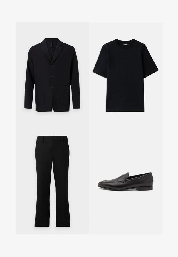 Sort blazer lavet af glat stof, med en klapkrave, tre knapper, to frontlommer og en afslappet pasform.; Sort bomulds T-shirt med rund hals og korte ærmer. Har subtil logo-broderi på venstre bryst. Flad, glat tekstur.; Sorte flagrende bukser lavet af en blanding af bomuldsstof, med knaplukning, bælteløkker og en glat tekstur uden synlige mønstre.; Sort læder herre loafers med lav hæl og et klassisk penny strap design, vist i sideprofil på en hvid baggrund.