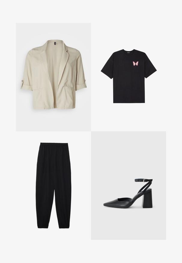 Beige lühike bleiser, mis on valmistatud kerge materjali abil, varruka tipud on põlvedel ja sellel on kaks eesmist taskut. Sujuv tekstuur.; Must muströöpidega must puuvillane T-särk, vasakul rinnal on väike roosa liblikas. Ümar kaelus ja vabalt istuv lõige.; Mustad, kerge kangas püksid elastse vöökoha ja kokku volditud pahkluudega. Kanga pind on sile ja disain on lõdvestunud, kitsenev.; Mustmustest must-käigukingad, millel on konksuga nöör ja paks konts. Ühtlane tekstuur, stiilne disain ja minimalistlik esteetika.