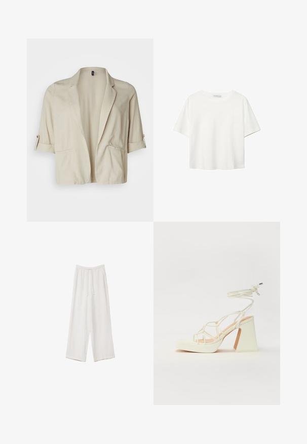 Beiger, taillierter Blazer aus leichtem Stoff, mit Reverskragen, hochgerollten Ärmeln und zwei vorderen Taschen. Glatte Textur.; Weißes T-Shirt mit kurzen Ärmeln aus Baumwolle. Hat einen Rundhalsausschnitt und eine lockere Passform. Glatte Textur ohne sichtbare Muster oder Akzente.; Weiße weit geschnittene Hose aus leichtem Stoff. Mit einem elastischen Bund und Kordelzug sowie Seitentaschen. Glatte Textur.; Weiße High-Heel-Sandale mit einem klobigen Absatz, die über ein Riemchendesign und ein Knöchelband verfügt. Glatte Textur mit einer Plattform vorne für zusätzliche Höhe.