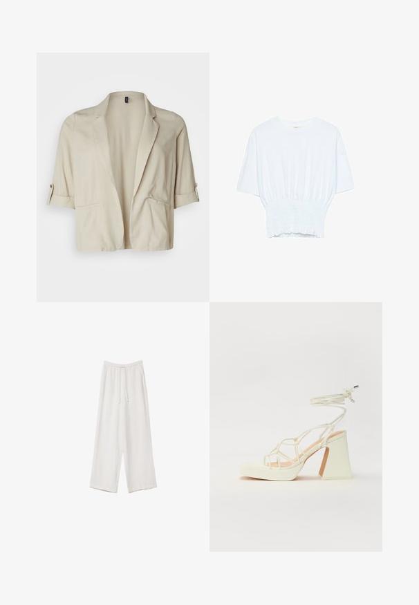 Bežový skrátený blejzer vyrobený z ľahkej textílie, s klopeným golierom, zväčšenými rukávmi a dvoma prednými vreckami. Hladká textúra.; Biela krátka T-shirt s voľným strihom a zlaceným textúrou v oblasti pása. Vyrobená z mäkkého, ľahkého materiálu.; Biele široké nohavice vyrobené z ľahkej tkaniny. Obsahujú elastický pás so sťahovacou šnúrkou a bočné vrecká. Hladká textúra.; Biele sandále na vysokom opätku s hrubým podpätkom, s pruhovaným dizajnom a viazaním na členku. Hladký povrch s platformou vpredu pre zvýšenú výšku.