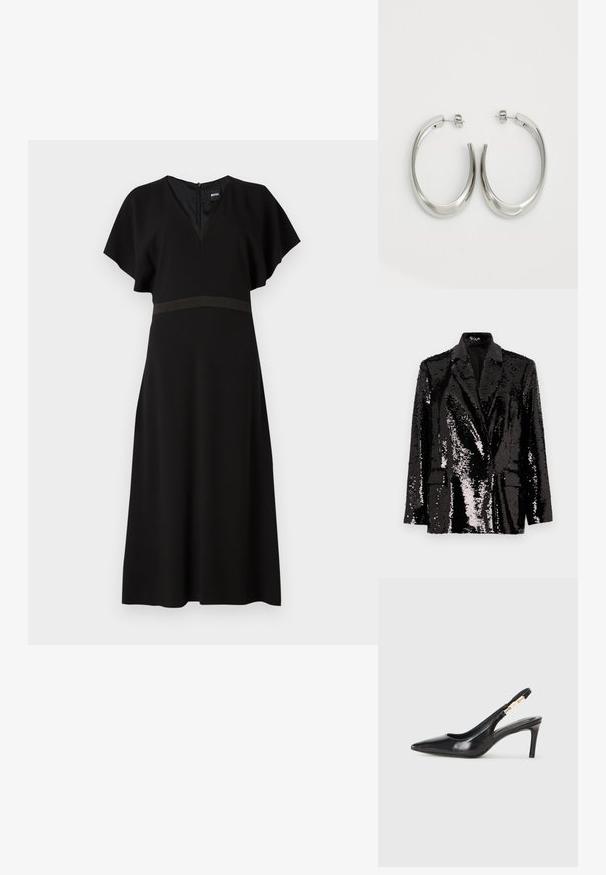 Juodas blizgučiais pamuštas švarkas su ilgomis rankovėmis, su iškirptėmis ir dviem priekinėmis kišenėmis, taip pat su lygiu vidiniu pamušalu. Blizgus paviršiaus tekstūra.; Juoda suknelė su V formos iškirpte, trumpomis plazdenančiomis rankovėmis ir kontrastinga horizontalia juosta ties liemeniu. Pagaminta iš lygaus, krentančio audinio.; Juodos odinės slingback aukštakulniai batai su smailiu pirštu, lygiu paviršiumi ir siaura kulkšnies juosta su auksiniais akcentais.; Sidabriniai apvalūs auskarai su lygiu, išlenktu dizainu. Yra blizgus metalinis paviršius ir smeigtukų uždarymas. Nėra matomų raštų ar akcentų.