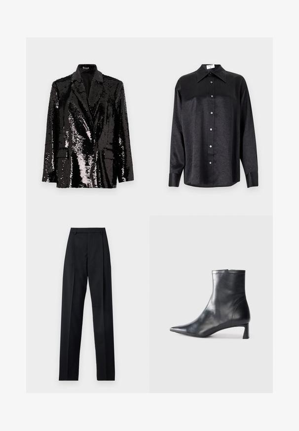 Black sequin blazer with long sleeves, a notched collar, two front pockets, and a smooth interior lining. Shiny surface texture.; Black long-sleeve shirt with a collared neckline, featuring a crinkled texture, full button front, and cuffs. Made from a smooth fabric.; Black trousers made from smooth fabric featuring a high waist, wide legs, front pleats, and classic belt loops. No side pockets visible.; Black leather ankle boot with a pointed toe and a sleek design. Features a low heel and a zipper closure at the back. Smooth texture.