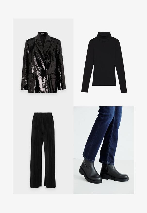 Black sequin blazer with long sleeves, a notched collar, two front pockets, and a smooth interior lining. Shiny surface texture.; Black turtleneck long-sleeve top, made of ribbed fabric, features a fitted design with a high neckline and no patterns or accents.; Black pleated trousers with an elastic waistband. Features wide legs and a smooth, textured fabric with vertical stripes.; Black leather ankle boots with a chunky sole and side elastic panels, paired with dark blue jeans. The ground is light-colored.