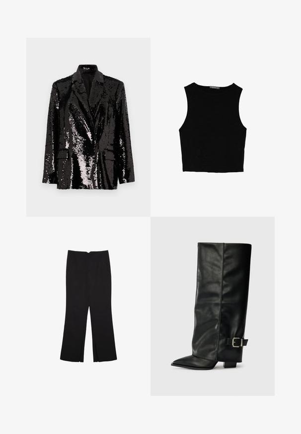 Blazer nero in paillettes con maniche lunghe, colletto a scollo a V, due tasche frontali e rivestimento interno liscio. Superficie lucida.; Top corto senza maniche nero realizzato in tessuto liscio, con scollatura rotonda e un design pulito e semplice, privo di pattern o accessori.; Pantaloni neri a gamba dritta, con tasche frontali e spacchi laterali all'orlo. Realizzati in tessuto morbido e liscio. Adatti a diverse occasioni.; Stivali neri in pelle fino alla caviglia con punta affusolata, texture liscia e una fibbia argentata accento sul lato. Tacco quadrato spesso.