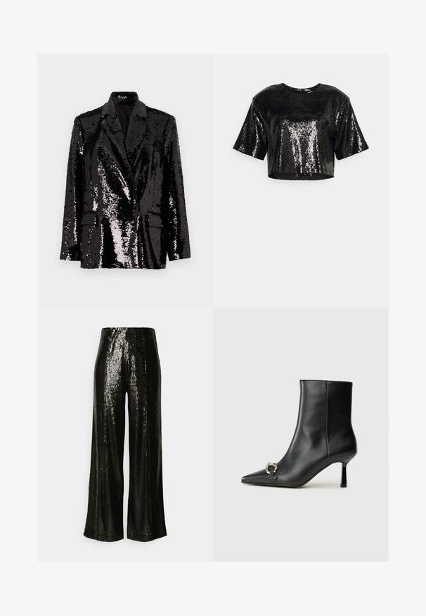 Must mustriga ülikond, millel on pikad varrukad, lõigatud krae, kaks esist pocketit ja sile sisemus. Sädelev pind.; Must have lühikeste varrukatega must lühiülikond, valmistatud sädelevast kangast, millel on sile tekstuur ja ümar kaelus.; Mustmustreeritud laiad püksid suursuguse tekstuuriga ja kõrge vöökohaga, peegeldades valgust läikiva viimistlusega.; Must mustanvärvi nahast pahklinetopp, millel on terav nina, peen keskmise kõrgusega konts ja hõbedane keha detail külgedel, taustal lihtne taust.