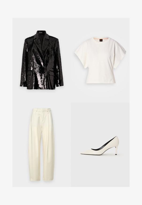 Sacou negru din mărgele cu mâneci lungi, guler în formă de V, două buzunare frontale și o căptușeală interioară fină. Textură superioară strălucitoare.; Tricou alb scurt, cu mâneci scurte și largi, din bumbac moale, cu decolteu rotund și un finisaj subtil portocaliu, design minimalist, fără modele sau grafice.; Pantaloni plisati, cu talie inalta, dintr-un material crem deschis. Prezintă o croială dreaptă și o textură netedă. Fără buzunare sau accesorii vizibile.; Pantofi cu toc înalt din piele patent albă, cu vârf ascuțit, toc subțire și detalii interioare negre. Textură netedă și design elegant.