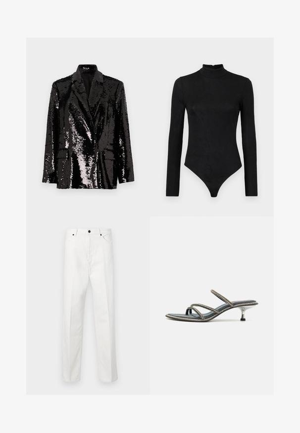 Crni sako s šljokicama, dugih rukava, s reverima, dva prednja džepa i glatkom unutarnjom podlogom. Sjajna površinska tekstura.; Crni bodi dugih rukava s visokim ovratnikom i suptilnom teksturom. Ima zatvarač na leđima i dizajn u obliku tangi.; Bijele traperice s ravnim krojem, zatvaranjem na gumbe i dva prednja džepa. Nema vidljivih uzoraka ili ukrasa. Glatka tekstura.; Denimske sandale s tri tanke trake ukrašene rhinestones, šiljastim vrhom i metalnim, stiletto petama. Osnova otporna na klizanje.