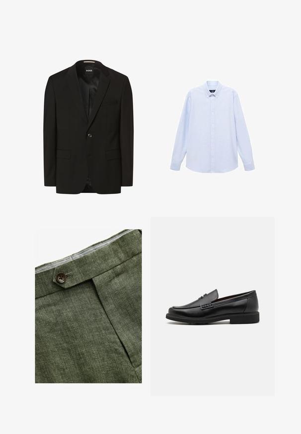 Blazer nero con rever a punta, chiusura a un bottone, due tasche frontali, texture liscia e foderato all'interno. Etichetta del marchio: BOSS.; Camicia azzurra a maniche lunghe con colletto classico, orlo dritto e una trama sottile. Presenta una chiusura centrale con bottoni.; Pantaloni in lino verde oliva con piega frontale, dotati di chiusura con bottone e una fodera a quadretti a contrasto nella cintura.; Mocassini sintetici neri con una spessa cucitura frontale, soletta imbottita e suola piatta in gomma; design elegante con dettagli minimi.