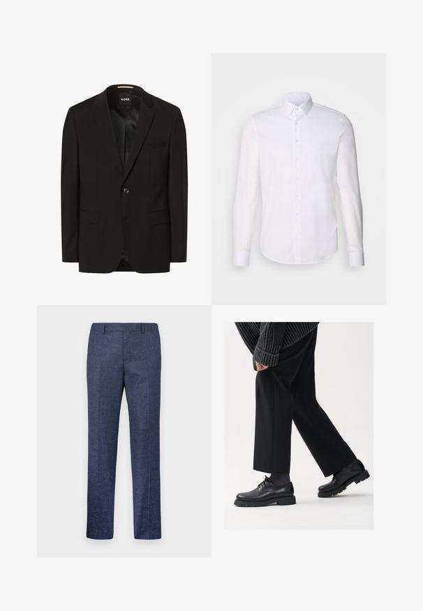 Blazer nero con rever a punta, chiusura a un bottone, due tasche frontali, texture liscia e foderato all'interno. Etichetta del marchio: BOSS.; Camicia bianca a maniche lunghe con bottoni realizzata in cotone, caratterizzata da un colletto classico, bottoni frontali e dettagli di cucitura minimal.; Pantaloni blu navy realizzati in un tessuto texturizzato, con gamba dritta, davanti piatto e due tasche laterali. Nessun motivo o dettaglio visibile.; Scarpe in pelle nera con punta arrotondata, design con lacci e suola spessa e texture. Indossate con pantaloni neri su misura e un maglione a coste.