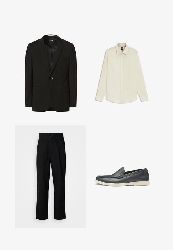 Musta bleiseri, jossa on hahlot, yksittäinen napitus, kaksi etutaskua, sileä pinta ja vuori. Brändilogo: BOSS.; BOSS JOE KENT - Kauluspaita - open white eleven; Mustat suorat housut napillisella vyötäröllä, vyölenkeillä ja etukaanneksilla, esitelty vaaleaa taustaa vasten.; Navy nahkahuilut, joissa on sileä pinta, helposti jalkaan laitettava muotoilu ja kontrastivalkoinen kumipohja. Omassa lisäkoristuksessa on koristeommel varpaissa.