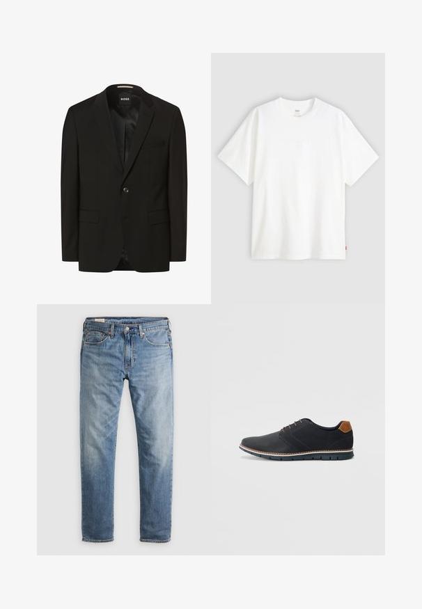 Fekete zakó, visszafogott hajtókával, egygombos záródással, két elülső zsebbel, sima textúrával és bélés béléssel. Márka: BOSS.; Fehér, rövid ujjú pamut póló, kerek nyakkivágással. Az elülső részen finom, domború logós részlet található, valamint egy piros cimke az alsó szegélyen.; Világoskék színű, egyenes szabású farmernadrág. Ötpockets kialakítású, cipzáras, varrással díszített. Puha, enyhén kifakult anyagból készült.; Fekete szintetikus cipők, textúrált felsőrésszel, sima díszítésekkel, barna sarkával és kontrasztos talppal. Minimális fűzéssel és varrási részletekkel rendelkezik.