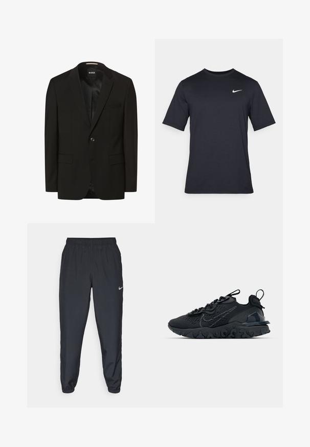Blazer negro con solapas de muesca, cierre de botón único, dos bolsillos frontales, textura suave y forro interior. Etiqueta de la marca: BOSS.; Camiseta negra de manga corta de Nike hecha de tela suave, con un logo de swoosh blanco en la parte superior izquierda y cuello cuadrado.; Pantalones deportivos negros hechos de tela ligera con una cinturilla elástica, puños en los tobillos y un discreto logo de Nike en el lado izquierdo.; Zapato deportivo negro con una parte superior de malla transpirable, acentos texturizados y una suela de goma ondulada. Presenta un logotipo reflectante y un sistema de cordones.