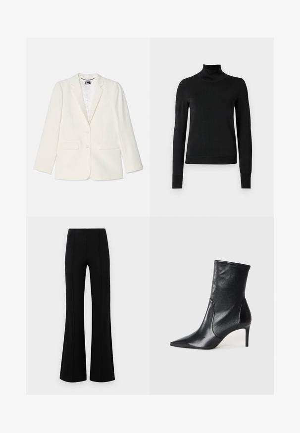 Blazer blanco con un ajuste entallado, cierre de un solo botón, solapas con muesca, dos bolsillos frontales y un acabado texturizado sutil.; Suéter negro de manga larga con cuello de tortuga, con puños y dobladillo acanalados, exhibido sobre un fondo blanco liso.; Pantalones acampanados negros de cintura alta, fabricados en tejido elástico. Presentan detalles de costura vertical en la parte delantera y una textura suave.; Botas negras hasta el tobillo hechas de cuero suave, con punta afilada, caña ajustada y tacón alto delgado. Diseño minimalista sin herrajes visibles.