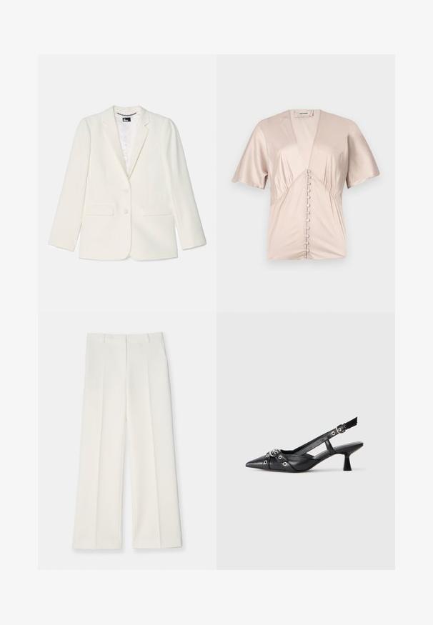 Hvid blazer med skræddersyet pasform, enkeltknaplukning, klapkraver, to forlommer og en subtel tekstureret overflade.; Kortærmet bluse lavet af glat, lys beige satin med en dyb V-halsudskæring og dekorative knapper ned langs midten.; Breddebukser i lys creme farvet stof, med en glat tekstur, frontfolder og to sidelommer. Skræddersyet talje-design.; Sort lædersandal med spids tå, dekorative stropper med metaløjer og en lav blokhæl. Struktureret overflade.