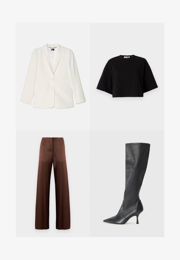 Hvid blazer med skræddersyet pasform, enkeltknaplukning, klapkraver, to forlommer og en subtel tekstureret overflade.; Sort cropped t-shirt lavet af bomuld, med rund halsudskæring og korte, brede ærmer for en løs pasform. Glat tekstur, enkelt design.; Brune brede bukser lavet af glat, let stof, med en flad front, ingen lommer og en lige silhuet.; Knæhøje sorte læderstøvler med spidse tæer og slanke stiletto-hele. Glat tekstur med en tætsiddende design og syninger ved toppen.