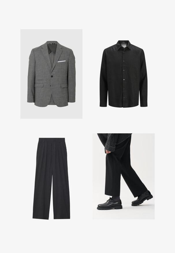 Hallitus hall blazer, mis on valmistatud tekstuursest kangast, millel on ühekordne nööbitus, sälk-lapelli ja valge tasku ruut. Kaks eesmist taskut.; Must mustrida pikkade varrukatega särk, valmistatud linast, varustatud nööbiga ees, terava kaelusega ja nööpidega sulguvate mansettidega. Sile tekstuur.; Laiene püksid, mis on valmistatud tumedast hallist kangast. Omavad vööümbrikus voldikuid, on kohandatud disainiga ja sirge siluett.; Mustad mustad nahast kingad ümarate varvastega, nööridega disain ja paks tekstuurne talla. Kanda koos kohandatud mustade pükstega ja ribadega sviitriga.