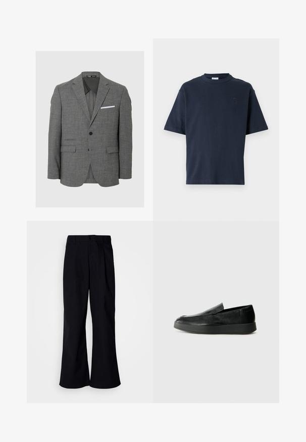 Pelēks bleizeris, kas izgatavots no teksturētas auduma, ar vienu pogu aizdari, āķveida atlokiem un baltu kabatas lakatiņu. Divas priekšējās kabatas.; Tums zilas īsām piedurknēm T-krekls, kas izgatavots no kokvilnas. Tam ir apaļš kakls un diskrēts logo uz krūtīm. Taisna piegriezuma dizains bez rakstiem.; Melnas platās bikses, kas izgatavotas no kokvilnas, ar priekšējo krokumu, ar pogu aizdari un jostas cilpām, gluda tekstūra un bez redzamām rakstām.; Calvin Klein HYBRID CUP - Čības - triple black