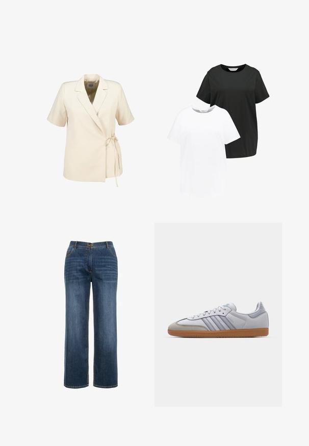 Beige blazer met korte mouwen en een wikkelontwerp, zijstrikdetail en een gladde stoftextuur. Heeft een reverskraag en een subtiele glans.; Twee crew-neck t-shirts in zwart en wit. Korte mouwen, gemaakt van zachte katoenstof, rechte snit met een relaxte pasvorm.; Donkerblauwe denim jeans met een recht gesneden design, voorzakken, een ritssluiting en zichtbare contrasterende stiksels.; Witte leren sneakers met lichtblauwe accenten, grijs suède neus en een bruine rubberen zool. Voorzien van drie blauwe strepen en "Samba"-branding.