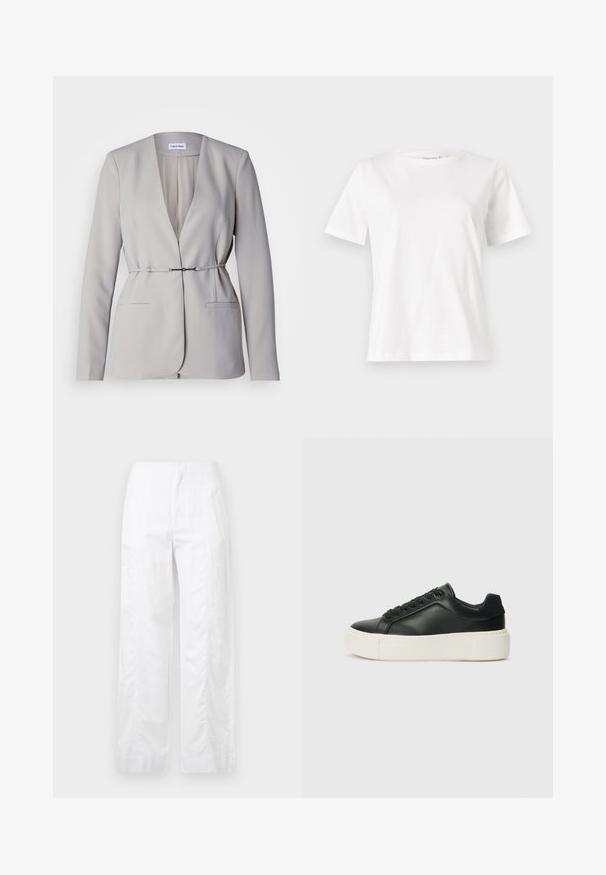Calvin Klein STRUCTURE SLIM - Blejzer - sand pebble; Biela bavlnená tričko s krátkymi rukávmi, okrúhlym výstrihom a voľným strihom. Hladká textúra, bez vzorov alebo akcentov, minimalistický dizajn.; Biele široké nohavice z ľahkej látky, s hladkou textúrou, čistými líniami a vysokým pásom.; Čierne kožené tenisky s okrúhlou špičkou, bielou platformou a čiernymi šnúrkami. Obsahujú diskrétnu logo na päte a hladkú textúru.