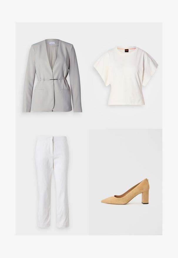 Calvin Klein STRUCTURE SLIM - Žakete - sand pebble; Balts īsais T-krekls, plašas īsas piedurknes, mīksts kokvilnas materiāls, apaļa kakla izgriezums ar delikātu oranžu apdari, minimāls dizains, bez rakstiem vai grafikām.; Baltas kokvilnas bikses ar taisnu kāju dizainu, ar vidēju augstumu un bez redzamām detaļām vai rakstiem. Visā virsmā ir gluda tekstūra.; Bežīgas zamšādas augstpapēžu kurpes ar smailu purngali un masīvu bloku papēdi. Materiāls ir ar mīkstu tekstūru un gludu apdari.