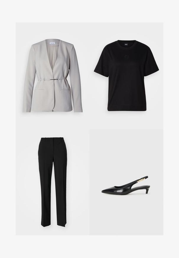 Calvin Klein STRUCTURE SLIM - Blazer - sand pebble; Black cotton t-shirt with a crew neckline, short sleeves, and an embroidered logo on the chest. Simple, relaxed fit with no patterns.; Black tailored trousers with a straight-leg design, featuring a smooth texture and crisp creases along the front. No visible hardware.; Black leather slingback heels with a pointed toe, featuring a slim heel and a gold-tone accent on the adjustable strap. Smooth texture.